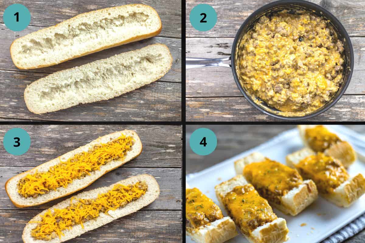 photo collage of recipe steps. First photo is hollowed out bread. Second photo is pan of meat and cheees mixture. Third photo is beef mixture stuffed into 2 loaves of bread and topped with cheese. Fourth photo is baked stuffed bread sliced into serving pieces on white serving platter.