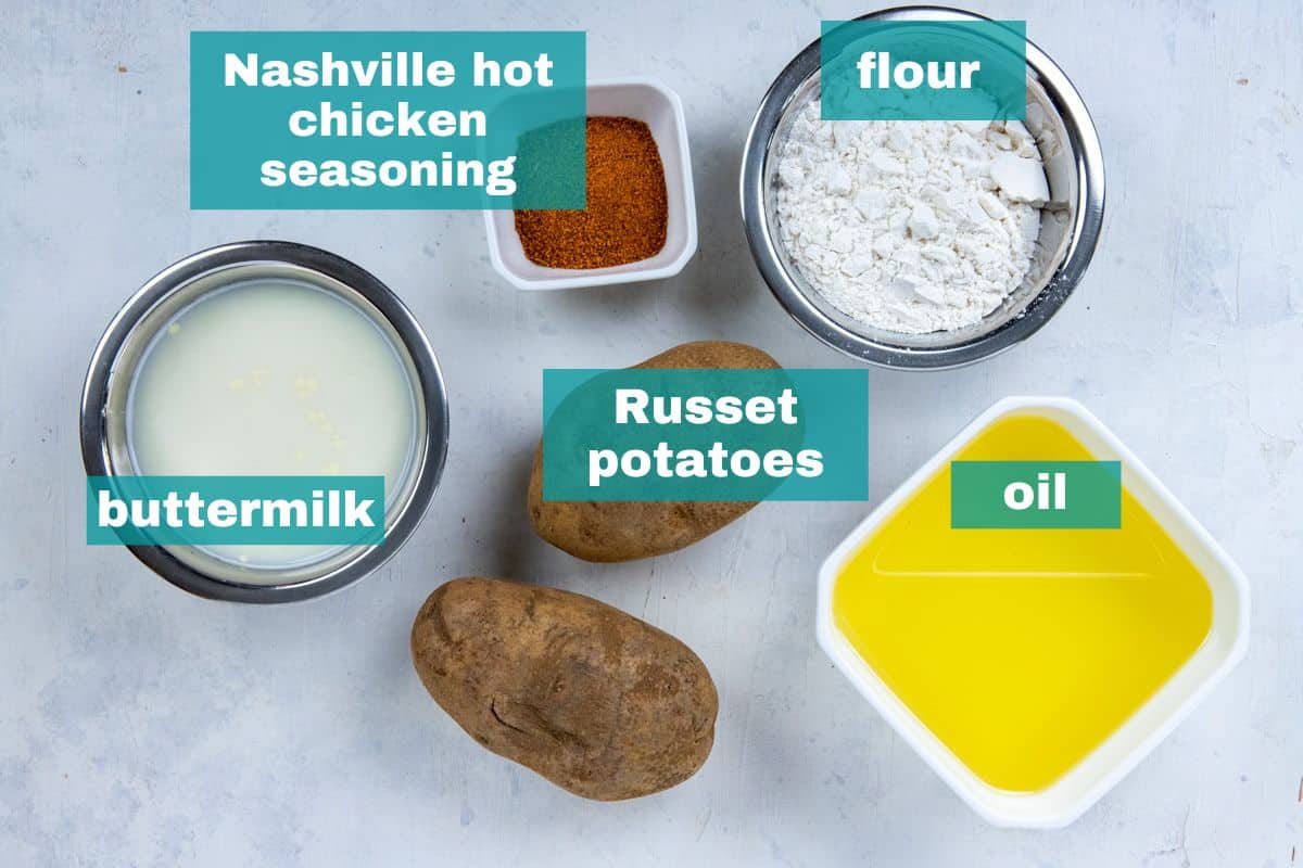 ingredients measured out in individual containers. Potatoes, buttermilk, flour, oil, and seasoning.