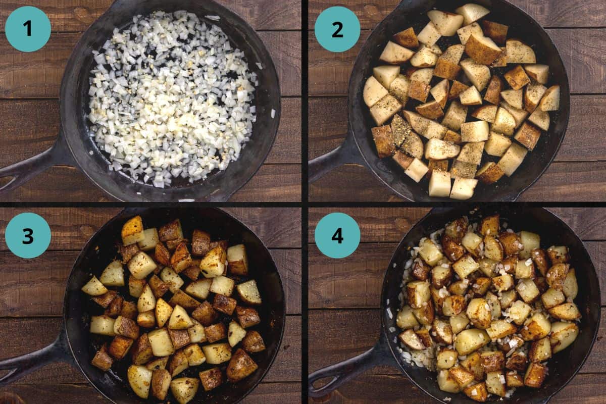 photo collage of recipe steps. 1. sauteed onion and garlic. 2. seasoned chopped potatoes in skillet. 3. fried potatoes in skillet. 4. finished potatoes and onions in skillet.