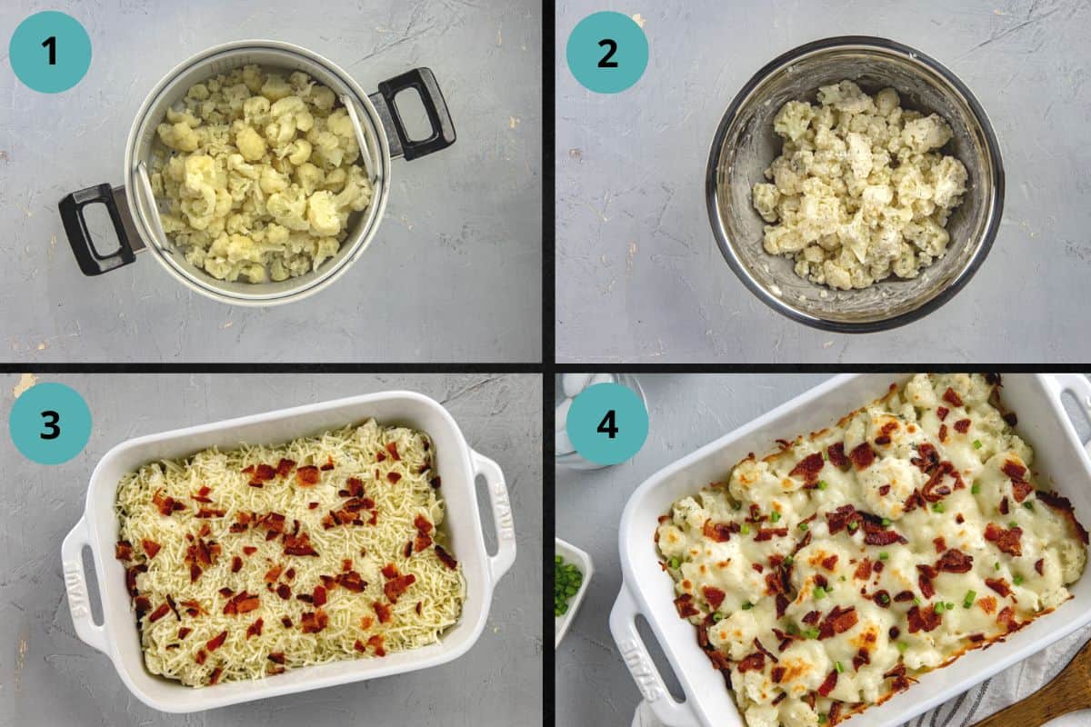 photo collage of process shots. 1. steamed cauliflower. 2. cauliflower mixed with remaining ingredients. 3. All ingredients in casserole dish topped with cooked and crumbled bacon. 4. baked casserole.