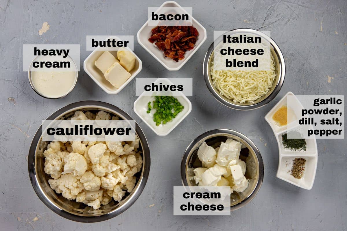 keto cauliflower casserole ingredients measured out in individual containers