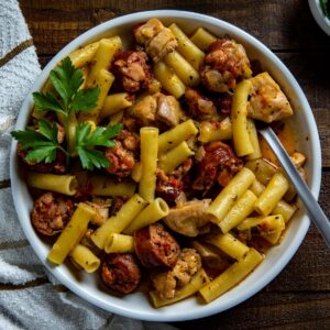 cooked chicken and sausage pastalaya in white bowl.