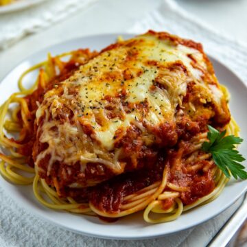 Chicken Parmesan over Spaghetti