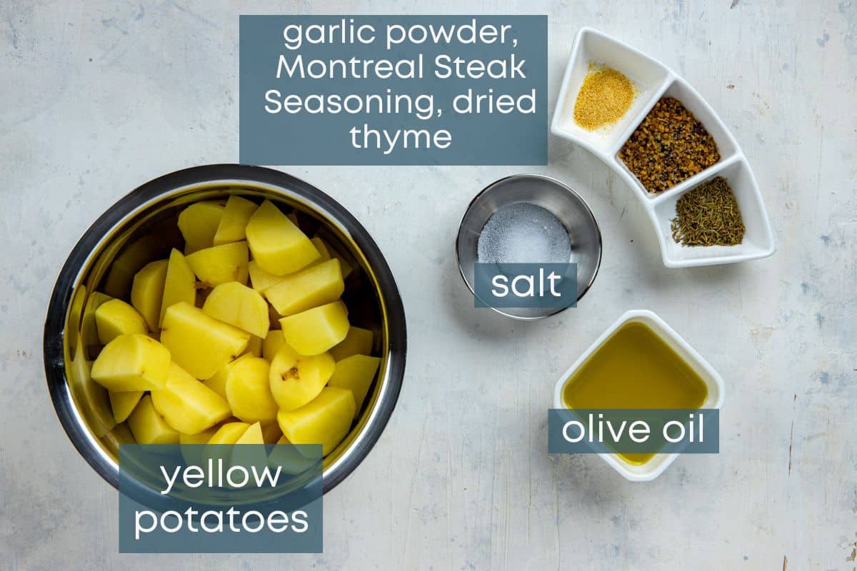 photo collage of recipe ingredients measured out in individual containers on countertop.