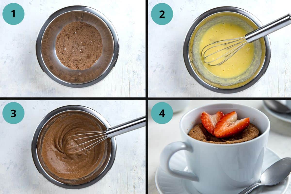Photo collage of recipe steps. Photo 1 dry ingredients in bowl.  Photo 2 wet ingredients in another bowl.  Photo 3 wet ingredients added to dry ingredients.  Photo 4 mixture added to large mug and cooked.  Sliced strawberry added on top.