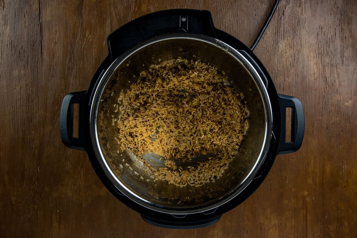 Browned rice in the Instant Pot.