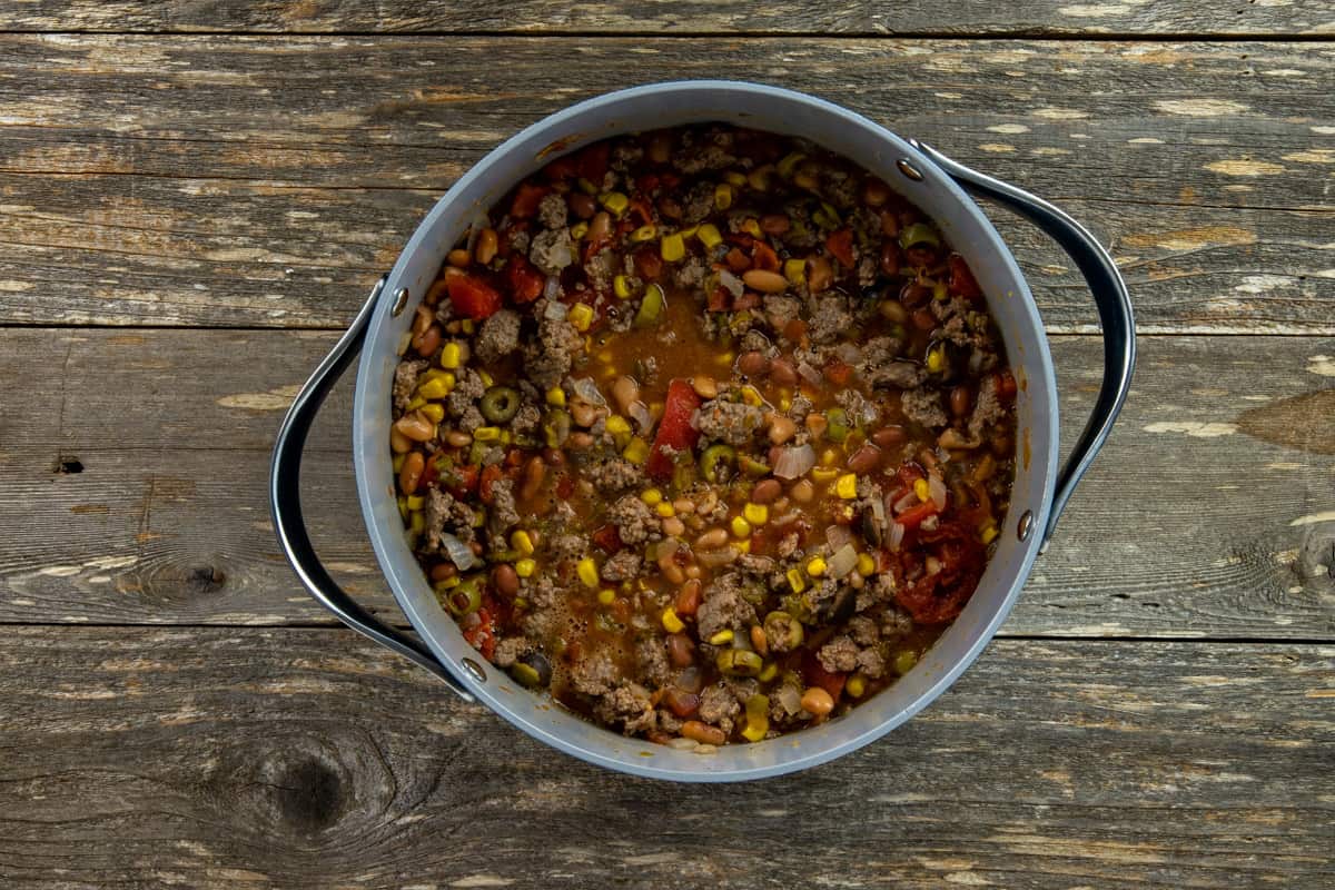 Cooked taco soup in a large pot.