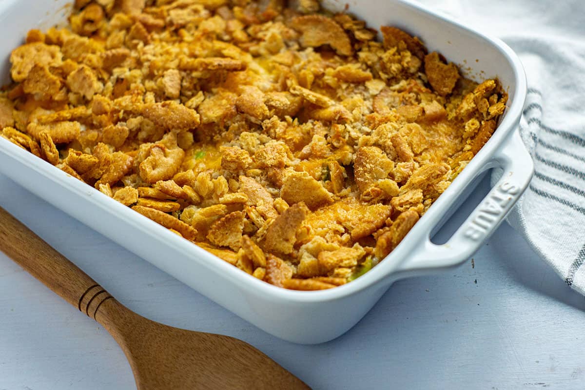 Baked cabbage casserole with cheese and Ritz cracker topping.