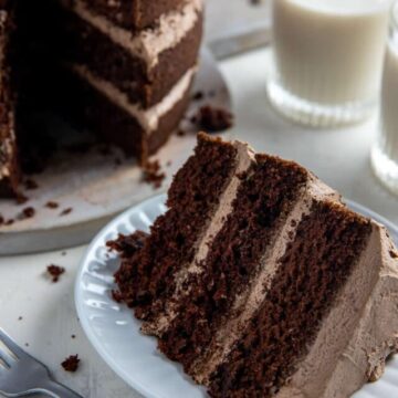 Three chocolate cake layers with frosting in between and on top of the cake.