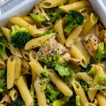 Baked chicken broccoli penne alfredo.