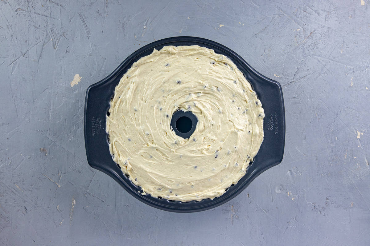 Cake batter in Bundt pan.