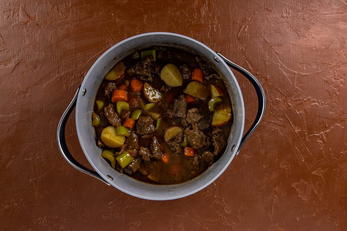 Beef stew in pot.