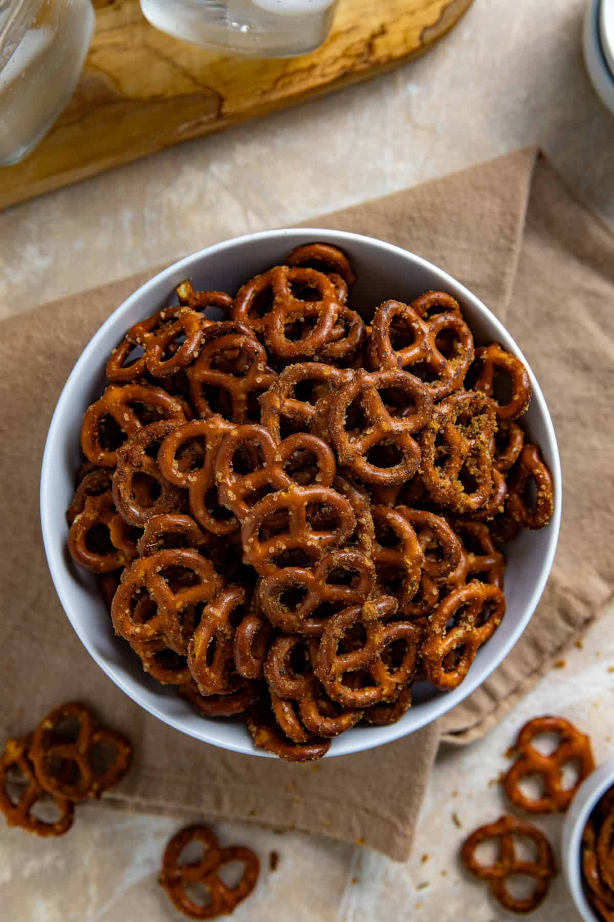 Seasoned pretzels in a serving bowl.