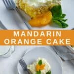 One square slice of baked and frosted cake topped with a couple of mandarin orange segments and a sprig of fresh mint.