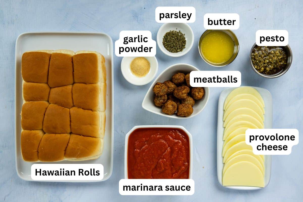 Labeled photo of ingredients measured out in individual containers.