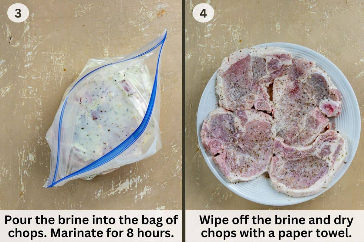Process photos for steps 3 and 4. Bag of pork chops with buttermilk brine poured in on the left. Pork chops removed from the brine and wiped dry with a paper towel on the right.