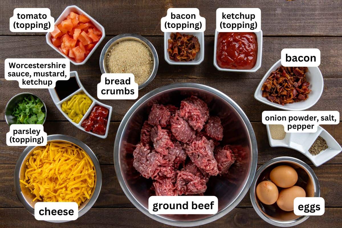 All ingredients measure out in individual containers on brown wooden countertop.
