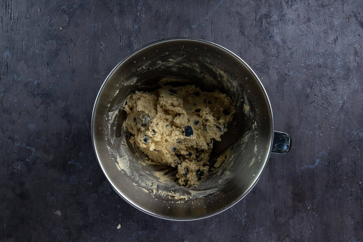 Oats, baking soda, flour and  blueberries mixed in with the dough.