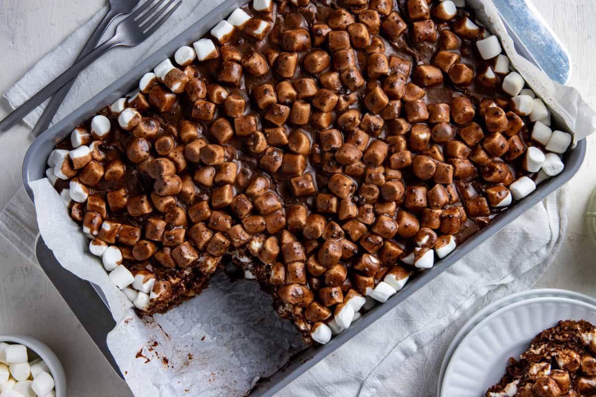 Mississippi Mud Sheet Cake still in the cake pan with one slice removed and placed on a white plate.