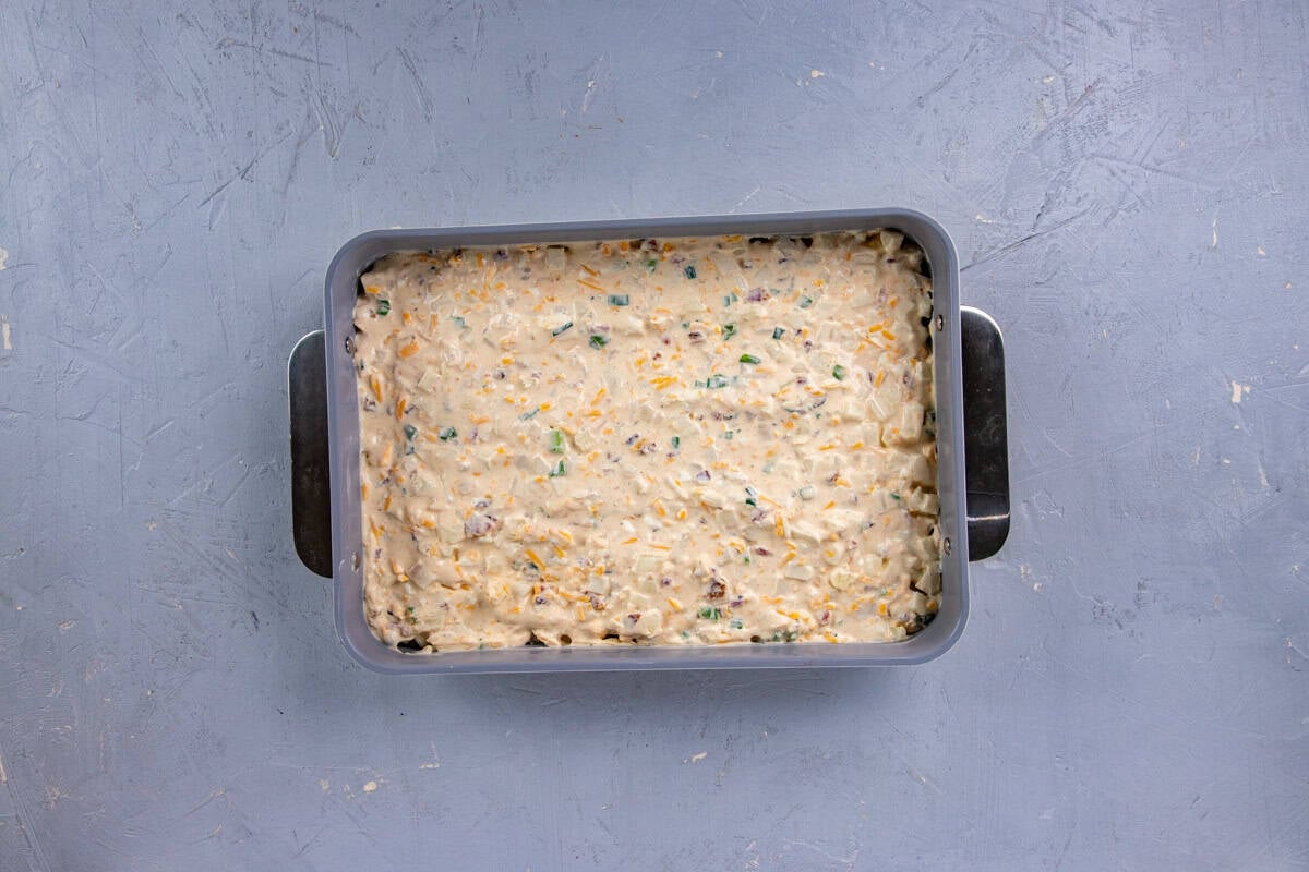 All ingredients blended together and then spread into the casserole dish.