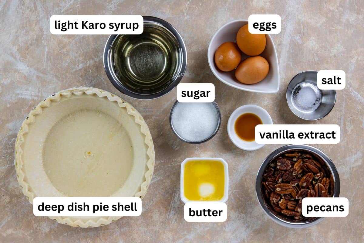 All ingredients measured out into individual containers with an unbaked pie crust on the side.