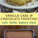 Photos of vanilla cake with chocolate frosting for saving to Pinterest.