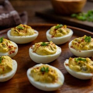 Several cajun deviled eggs on a round wooden platter.