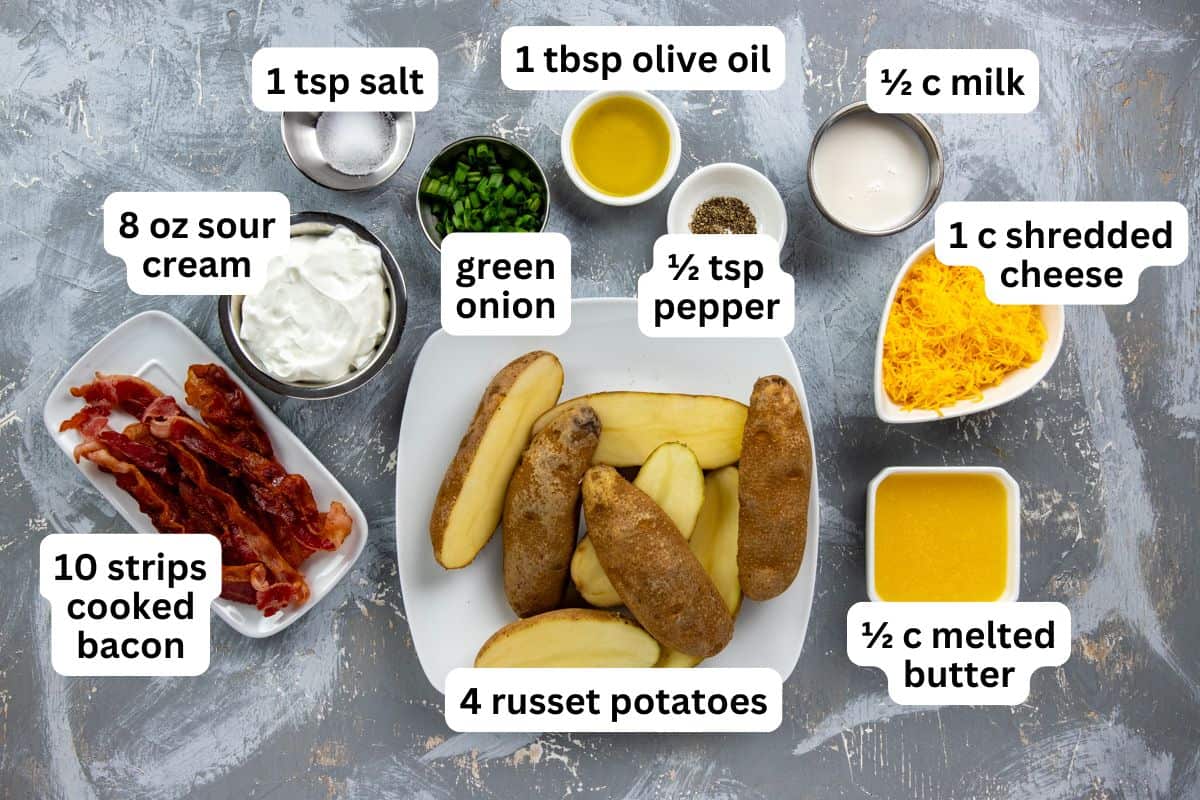 Each ingredient measured out in individual containers on countertop.