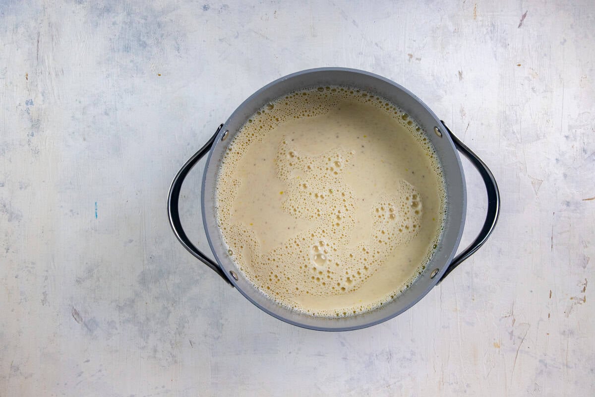 Eggnog cooling in the sauce pan.