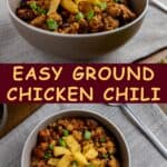 Two images of ground chicken chili for saving to Pinterest.