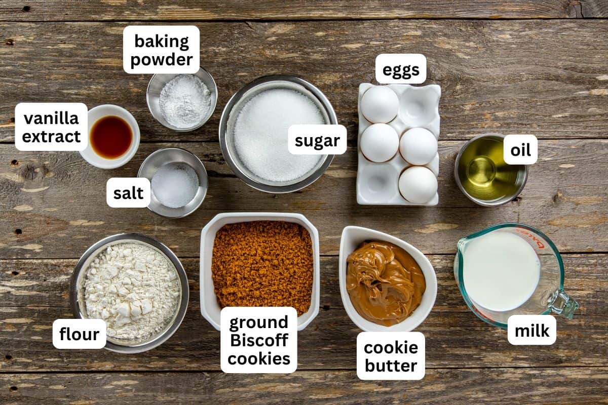 Cake ingredients measured out in individual containers.