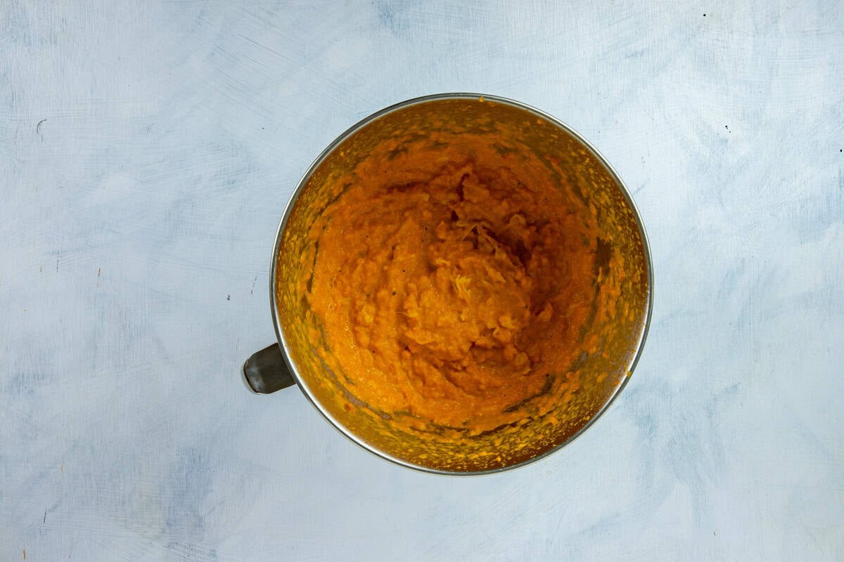 Carrot puree blended with butter, heavy whipping cream, minced onion, sugar, salt, and pepper.