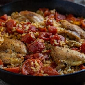 Cooked recipe in a cast iron skillet.