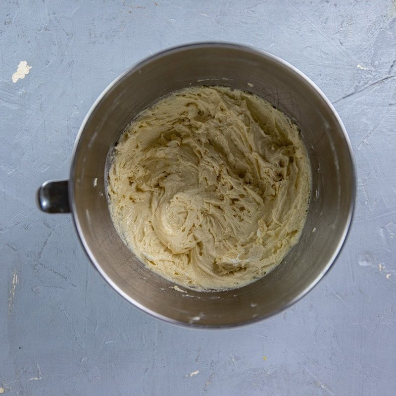 Dry ingredients added to the sugar-butter-egg mixture.