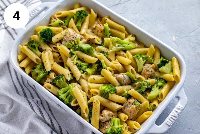 Baked casserole in a white casserole dish.