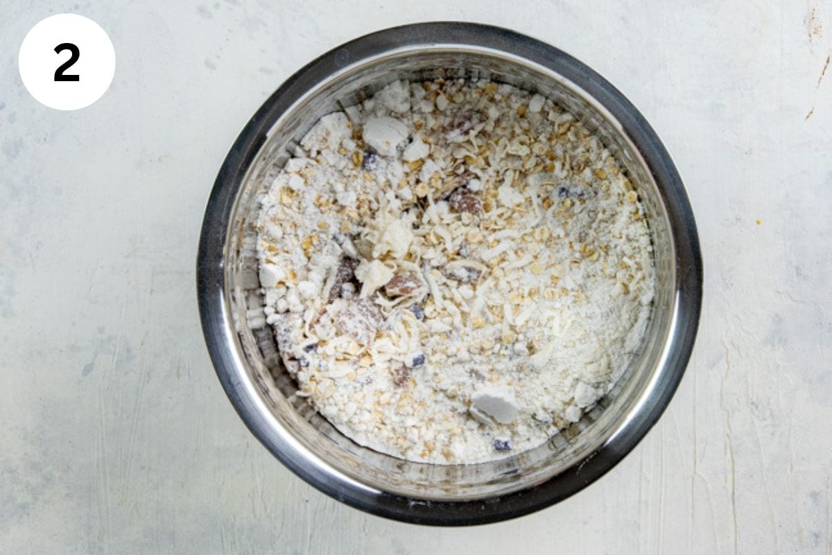 Dry ingredients mixed in a bowl.
