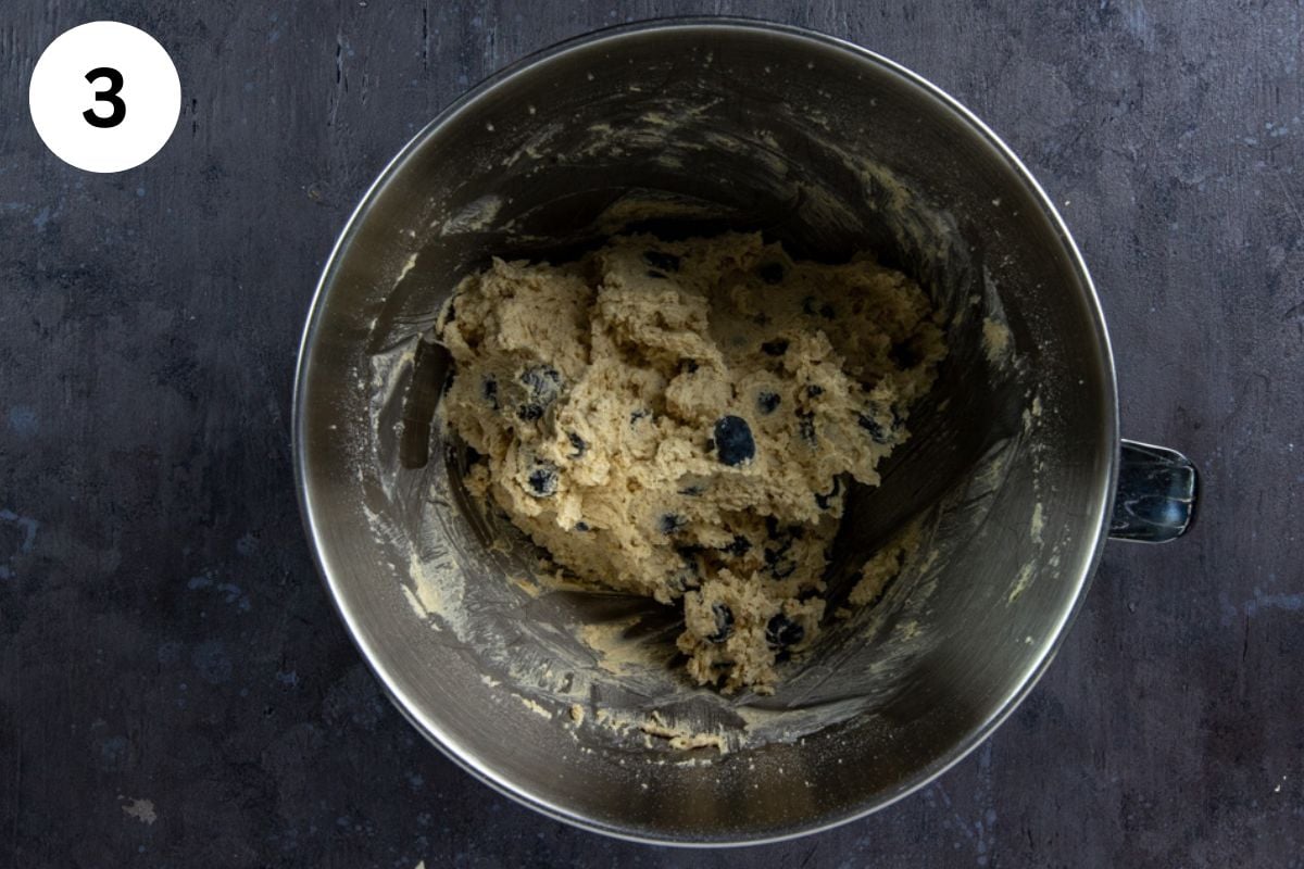 Oats, baking soda, flour and blueberries mixed in with the dough.