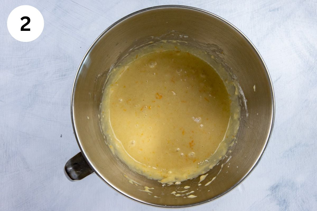 Flour, sugar, baking powder, and salt added to the bowl.