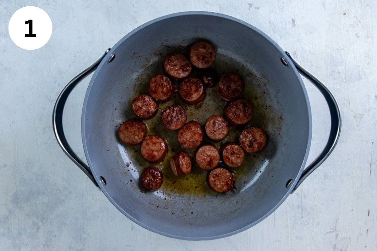 Browned sausage in a pot.