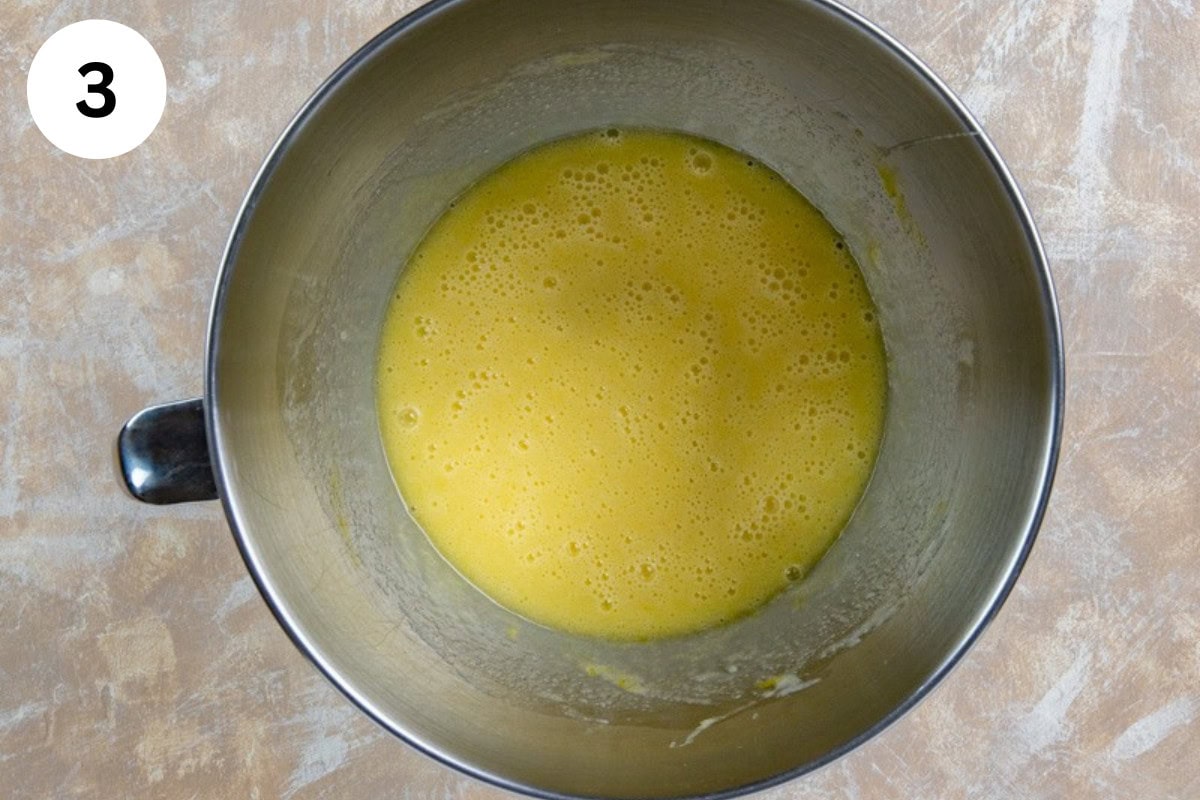 Eggs and vanilla extract added to the butter, sugar, corn syrup and salt mixture.