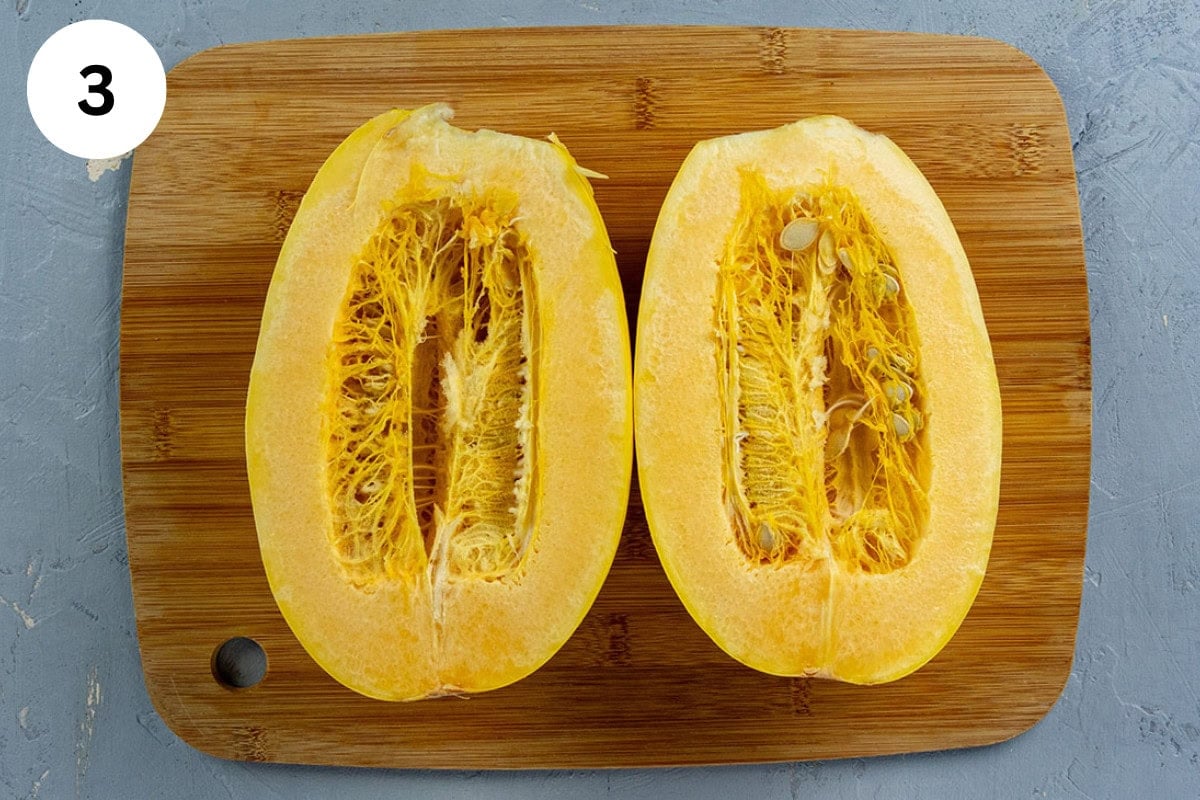 Spaghetti squash cut lenghwise.
