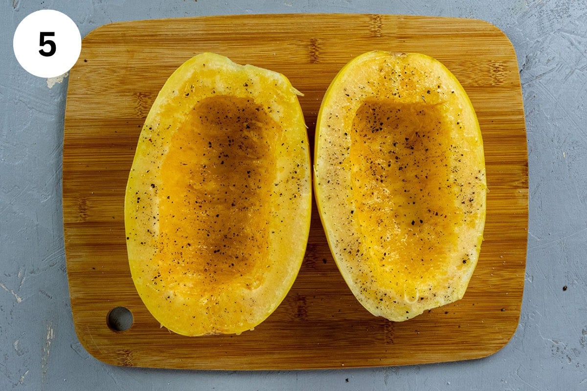 Seedless spaghetti squash cut lenghwise, brushed with olive oil, and sprinkled with salt and pepper.