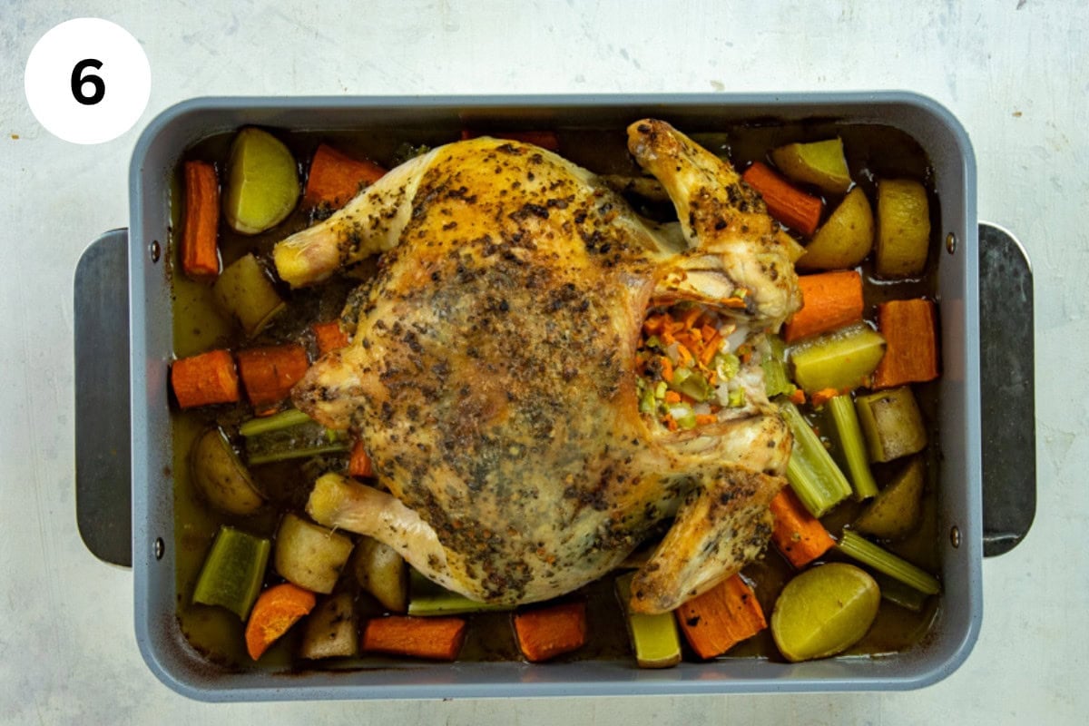 Whole baked chicken and vegetables in the roasting pan.